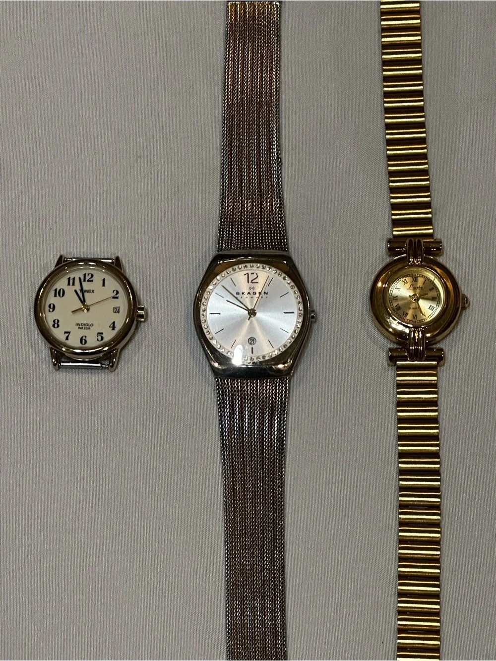 Watch Bundle: Timex Face, Two Tone Skagen and Gold Tone Lotus. Vintage inspired.